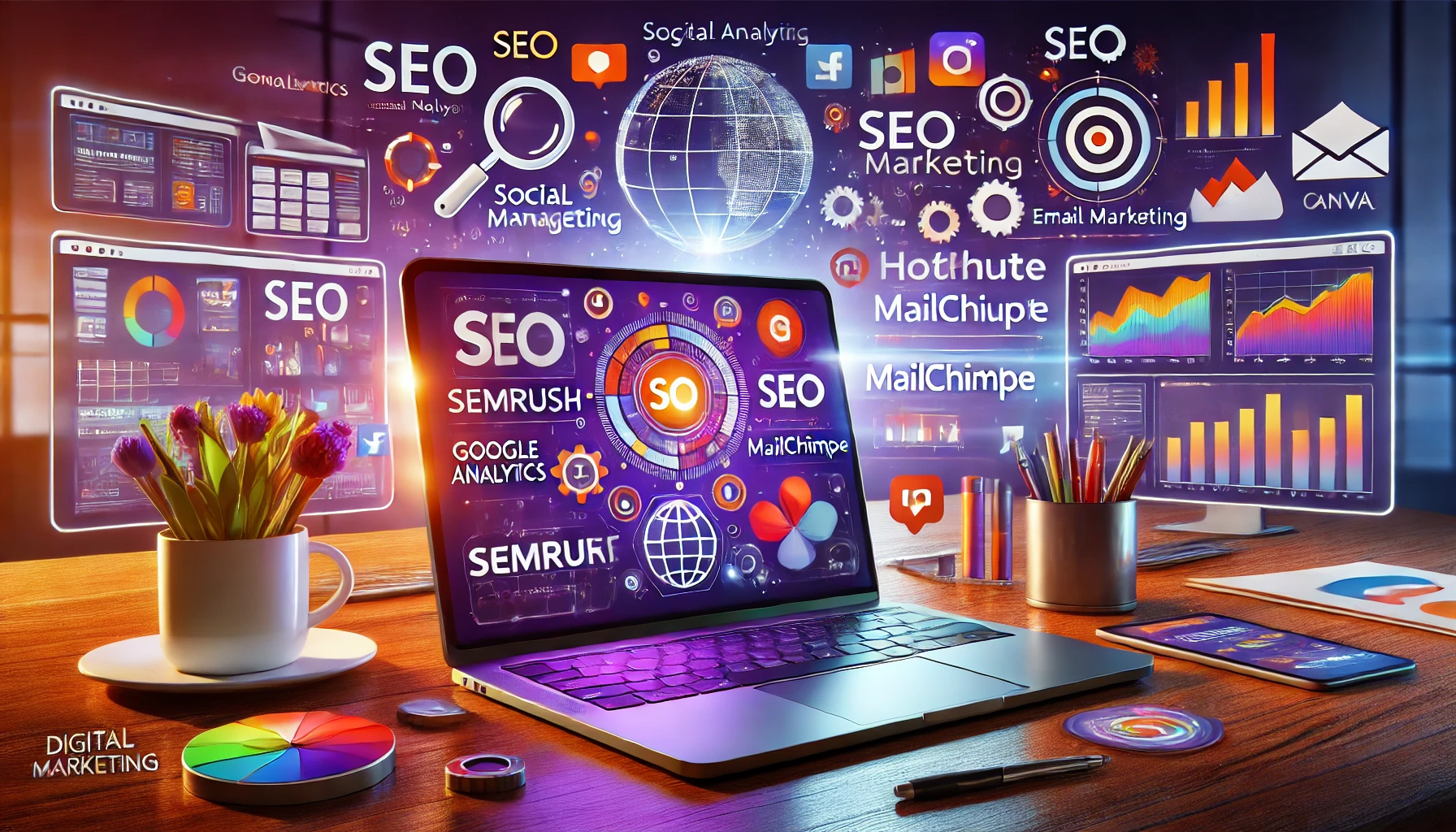 Modern workspace featuring a laptop displaying various digital marketing tools with a vibrant and professional setup. The background includes icons representing tools like Google Analytics, SEMrush, Hootsuite, Mailchimp, and Canva. The color scheme prominently features purple and orange tones, reflecting elements of collaboration and innovation in a cutting-edge digital marketing environment.